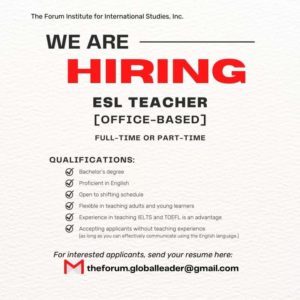 ESL TEACHER in Philippines – Office based