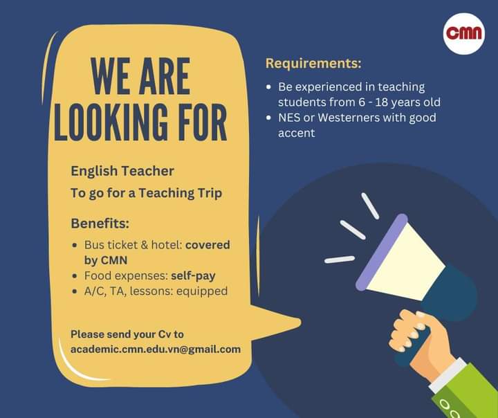 CMN EDUCATION IS LOOKING FOR AN ENGLISH TEACHER TO GO ON A TEACHING TRIP IN TIEN GIANG PROVINCE